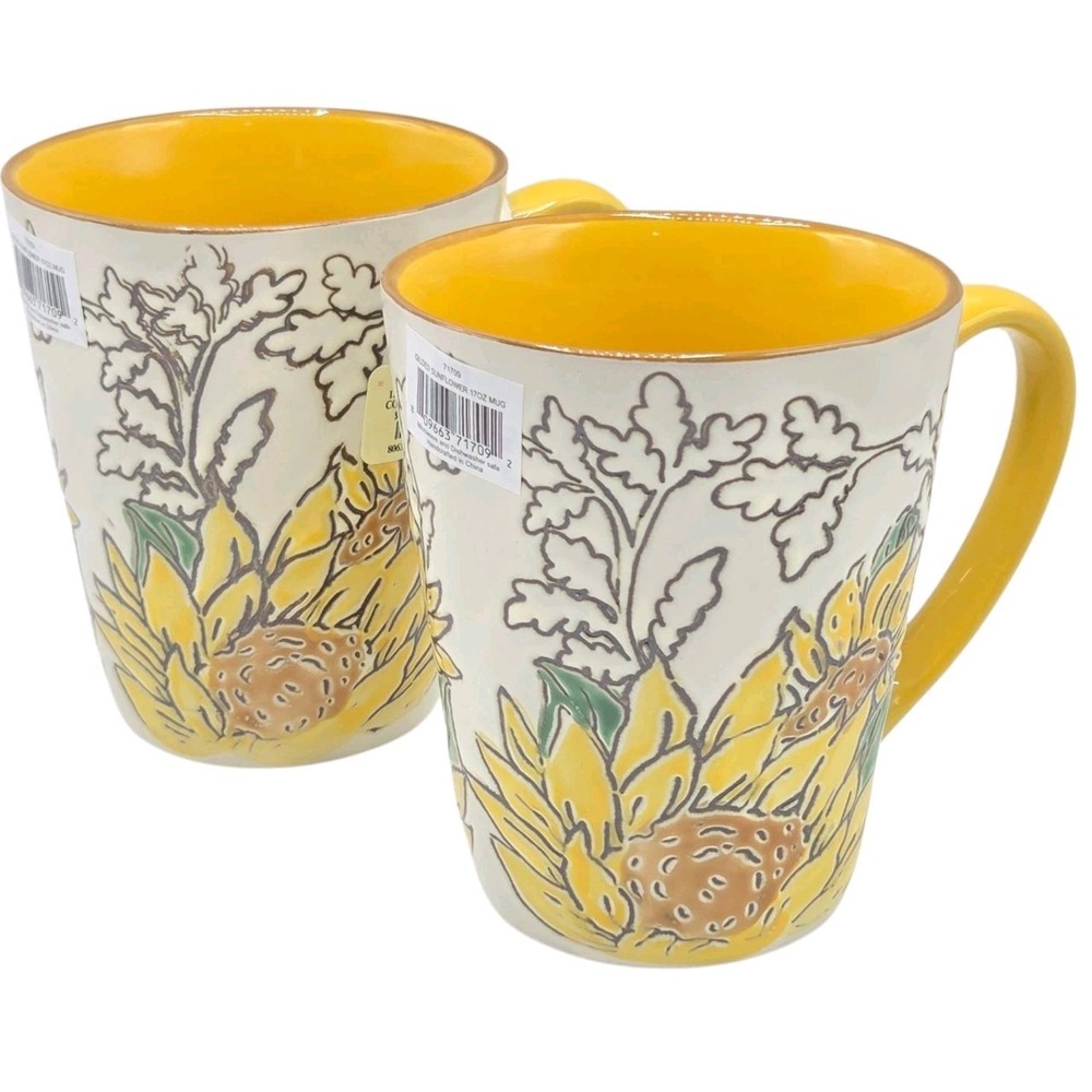 Spectrum Designz Set Of‎ 2 Hand Painted Embossed Fall Sunflower Coffee Mug 16oz
